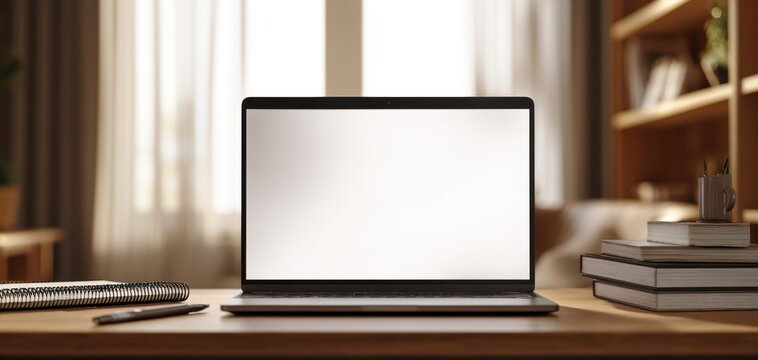 The Laptop Centered on a Quiet Home Office Desk with Warm Natural Light