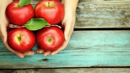 Hands Holding Fresh Red Apples on a Rustic Wooden Table with Copy Space Ready for Autumn Harvest