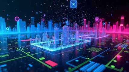 Immersive digital cityscape unfolds with vibrant neon lights and futuristic data streams, symbolizing innovation and connectivity. - Powered by Adobe