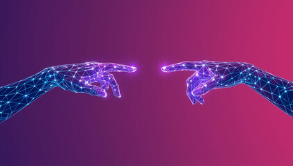 AI Connection: Digital hands touching in a futuristic, glowing network.