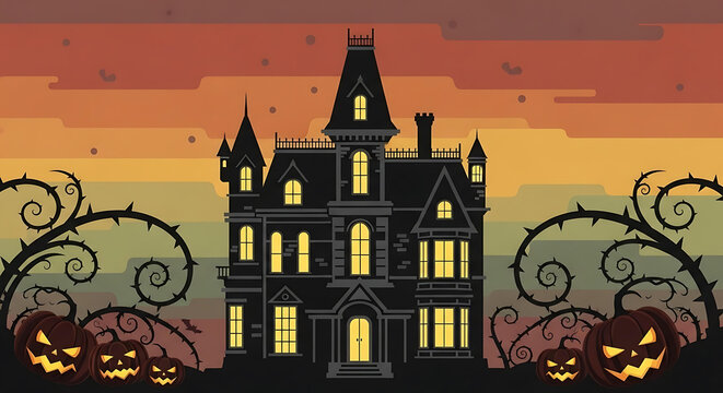 Silhouetted haunted mansion with glowing windows amid the eerie twilight and spooky pumpkins adds a touch of macabre charm to the Halloween season celebration
