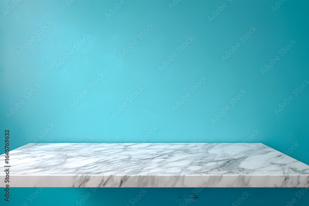 Poster White marble table surface in front of a smooth blue wall background with clean lighting and blank copy space for design or product display.