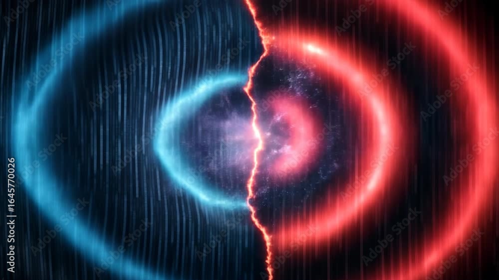 Poster background of vibrant clash of blue and red energy waves creates dynamic visual effect symbolizing c