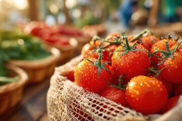 Close-up of fresh, ripe red tomatoes with water droplets in a market basket
