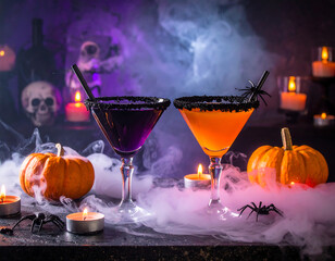Two Halloween cocktails with spooky decorations, surrounded by pumpkins, candles, and fog.