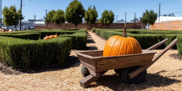 Fall festival vibes concept. A pumpkin sits in a wheelbarrow among trimmed hedges.