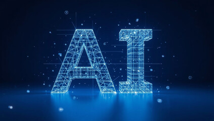 Glowing blue letters AI made of a digital wireframe network on a reflective surface.