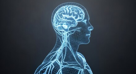 Illuminated brain and nerves in a mesh human head