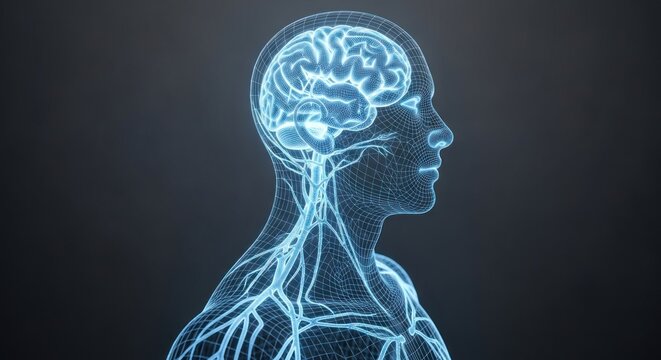 Illuminated brain and nerves in a mesh human head