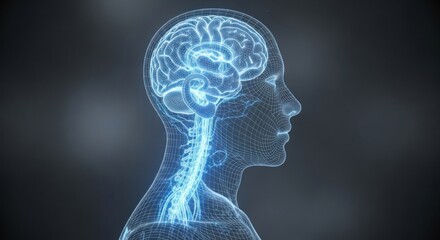 Illuminated human head wireframe with a glowing brain and spine outline