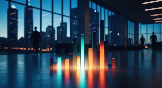 Illuminated data chart in a modern office, city backdrop, silhouettes - Powered by Adobe