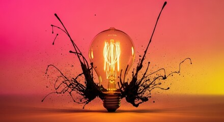 Lit bulb surrounded by black splatters; pink, yellow, orange gradient background