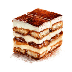 Tiramisu, watercolor painting, vector illustration, isolated on a white background.