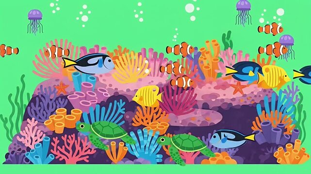 Animated Underwater World with Colorful Coral Reef, Tropical Fish, Turtles and Jellyfish, perfect for Kids Educational Content or Digital