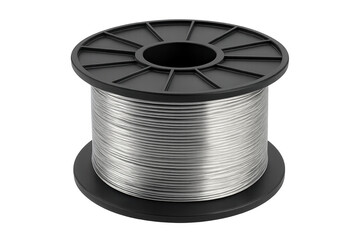 Silver metal wire coil on black plastic spool with transparent background