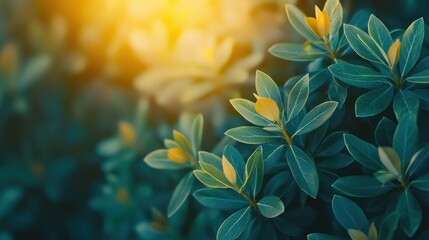 Obraz premium Lush greenery with new growth catching golden light, shallow depth of field