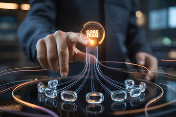Person touching glowing core team interface with connected nodes