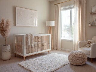 A baby ' s room with a cribt and a chair