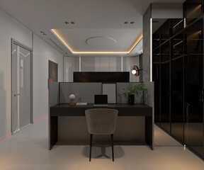 3D render of a luxurious home living room designed for remote work.