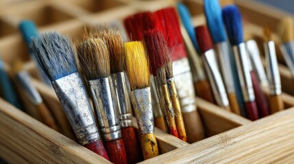 Fototapeta premium Collection of Paintbrushes in Wooden Organizer for Creative Projects