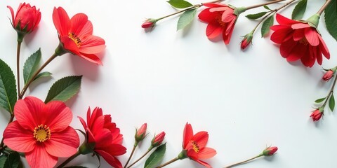 Vibrant Red Blossoms Arranged in a Delightful Floral Frame on a Pristine White Background, Ideal for Elegant Invitations or Festive Announcements