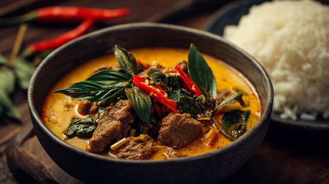 Thai red curry beef bamboo shoots basil rich coconut sauce - Powered by Adobe