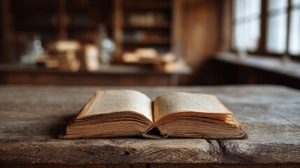 Vintage Book on Rustic Wooden Table in Cozy Library Setting
