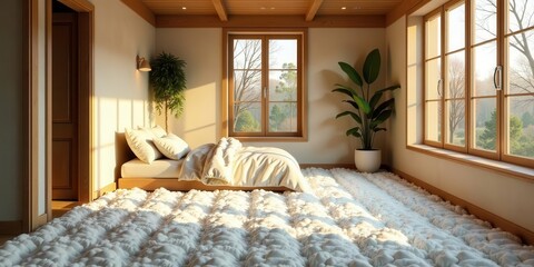 Serene bedroom interior design showcasing a minimalist bed with natural light streaming through large windows, illuminating a textured floor covering.