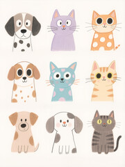 Obraz premium A large collection of cute pet animal cartoon characters