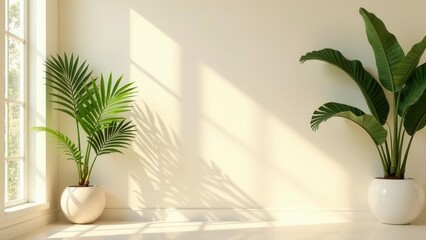 Serene Minimalist Interior Featuring Lush Greenery in Elegant White Pots, Bathed in Soft Sunlight