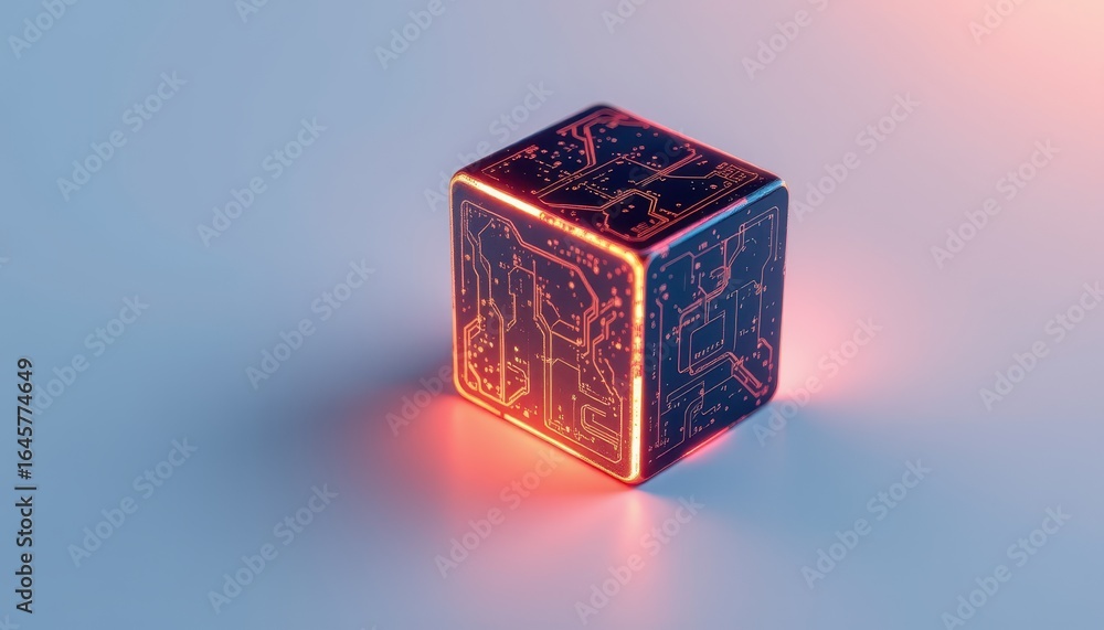Poster close up of a glowing cube with intricate circuit board patterns and neon red lighting