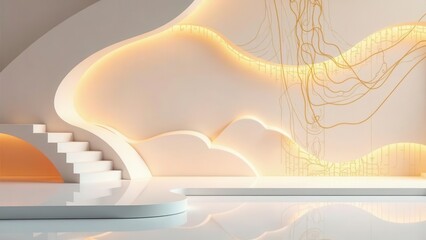Serene Minimalist Interior Design Featuring a Curving Staircase and Warm Ambient Lighting with Abstract Wall Art