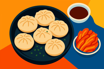 Korean Mandu Dumplings with Kimchi Vector Illustration