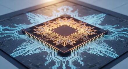 Microchip close-up, complex circuitry radiating outwards