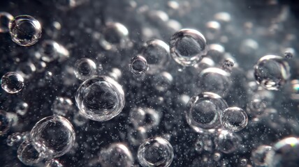 Shimmering Bubbles Floating in Dark Liquid Abstract Background