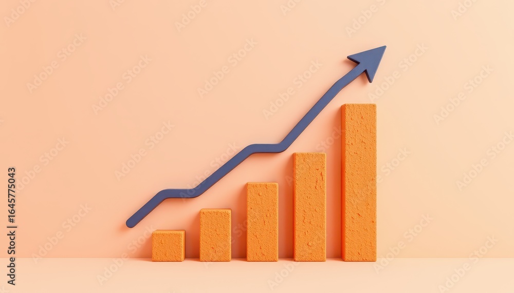 Poster a 3d bar chart with increasing height orange bars and a blue upward trending line graph