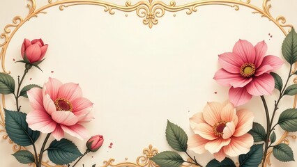 Elegant floral arrangement with ornate gold frame, featuring delicate pink and peach blossoms, perfect for invitations or announcements.