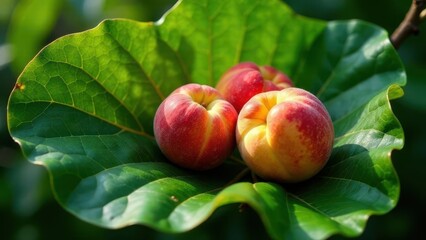 Sun-Kissed Ripe Fruits Resting Gently on a Vibrant Green Leaf