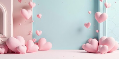 Romantic pastel pink hearts floating and clustered near decorative architectural elements against a light blue background.