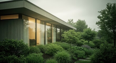 Fototapeta premium Modern home with large windows, green garden, & overcast sky