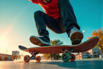 Dynamic low-angle action shot of a skateboarder in mid-air, performing an ollie trick on their skateboard against a bright blue sky on a sunny day