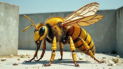A Mechanical Bee, Crafted from Metal and Bristles, Stands on a Light Grey Surface