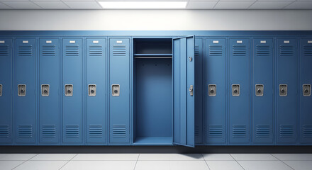 Row of classic blue metal school lockers with one door open revealing an empty interior, perfect for education or storage themes