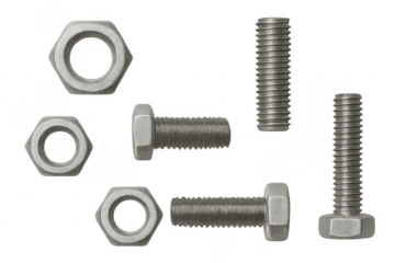 Metal bolts, screws, and nuts on transparent background
