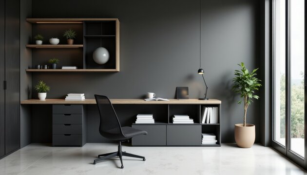 minimalist office space in a realistic photo style, with matte charcoal shelving, thin tabletop, small cactus, soft sunlight, elegant arrangement, high resolution