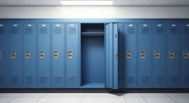 Row of classic blue metal school lockers with one door open revealing an empty interior, perfect for education or storage themes