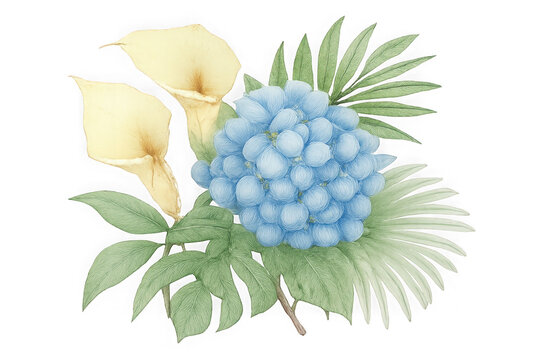 Light yellow calla lilies and blue hydrangea floral arrangement isolated on transparent background - Powered by Adobe