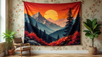 Serene Sunset Mountain Tapestry, a Vibrant Autumnal Wall Hanging Featuring a Majestic Landscape of Peaks, Forest, and a Large Golden Sun, Perfect for Home Decor