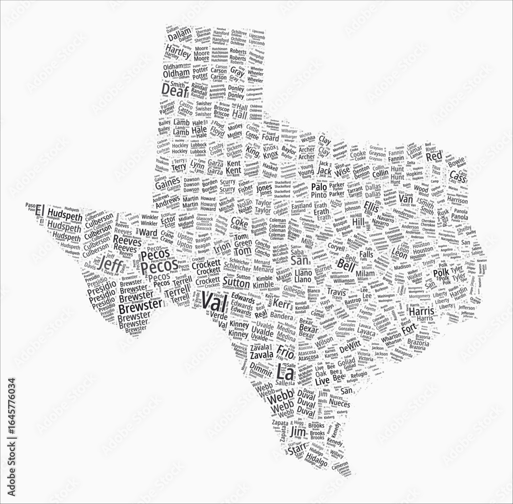 Poster texas text style counties. state region names word clouds in english language. beautiful vector illu