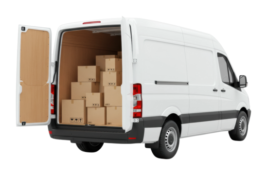 Cargo delivery action urban location vehicle type open environment side viewpoint logistics concept. Cut out png